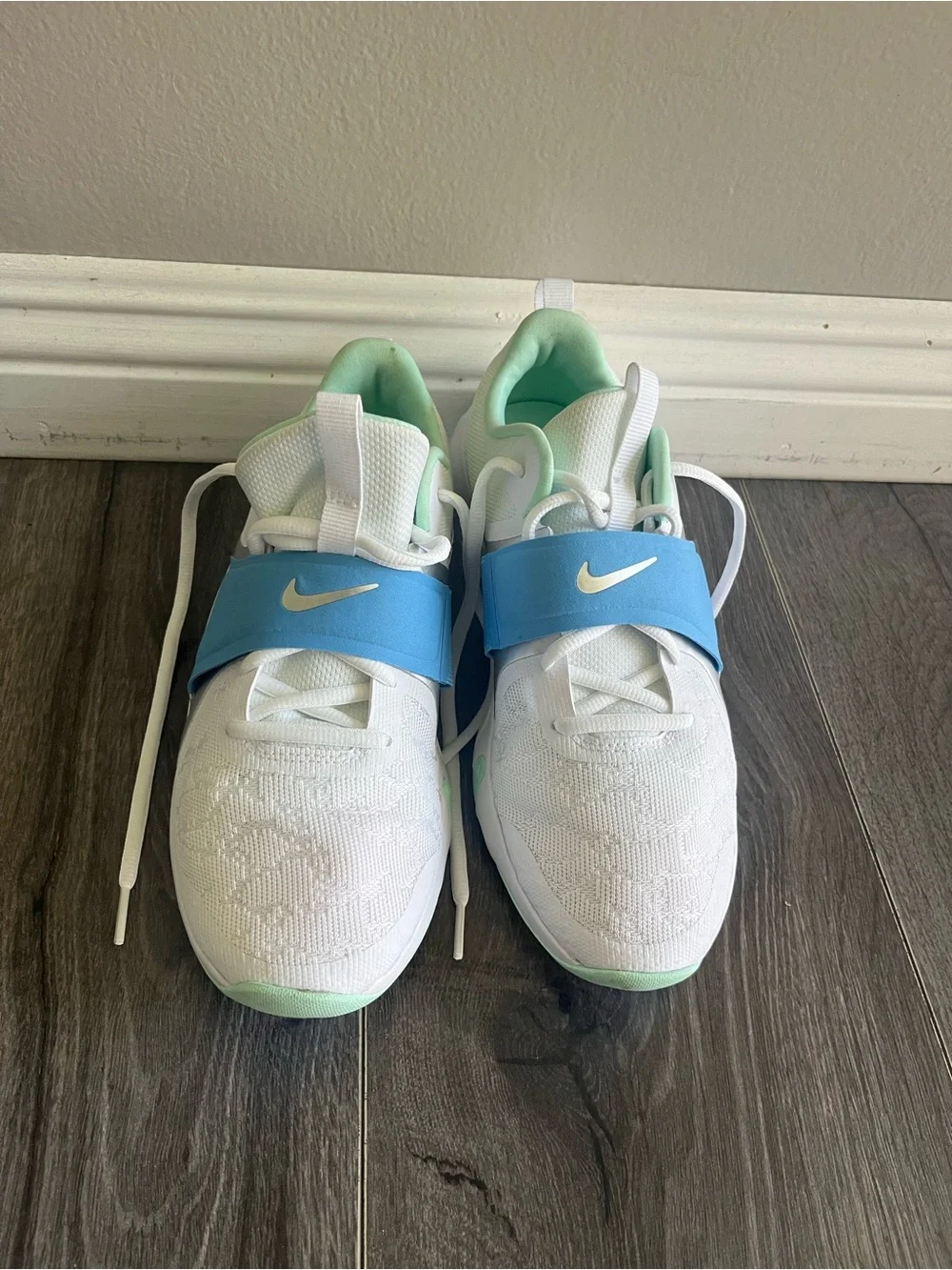 Women’s Nike White Sneakers with Light Blue Strap and Mint Lining